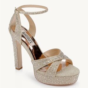 Jewel Badgley Mischka Fizzy Rhinestone Gold & Rose Gold Platform Heels Sz 9 B55